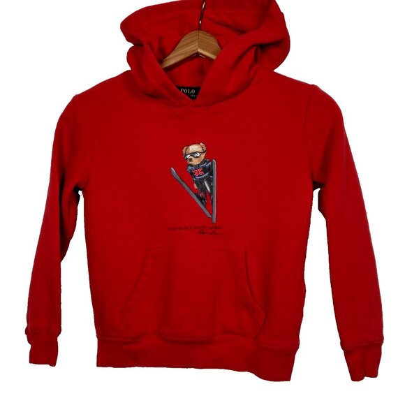 Polo Bear Ralph Lauren Hoooded Sweatshirt Youth 7 Red Ski Bear Skiing Hoodie - Picture 1 of 11